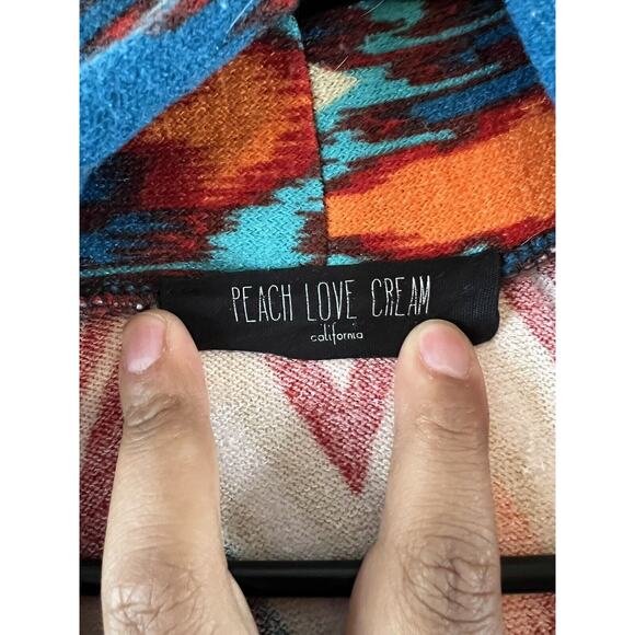 Peach Love Cream Cover Up Cardigan Sweater Red Brown Teal Aztec Open Front S - Picture 2 of 4